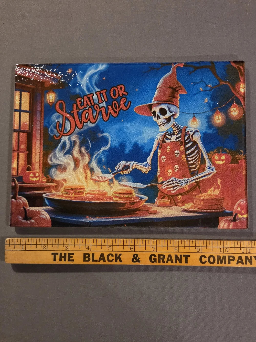 Halloween Skeleton Chef Glass Cutting Board 8x11 Eat It or Starve
